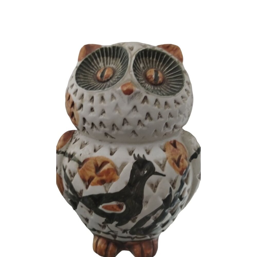 Vintage Ceramic Owl Figurine with Leaf & Bird Paintings Design